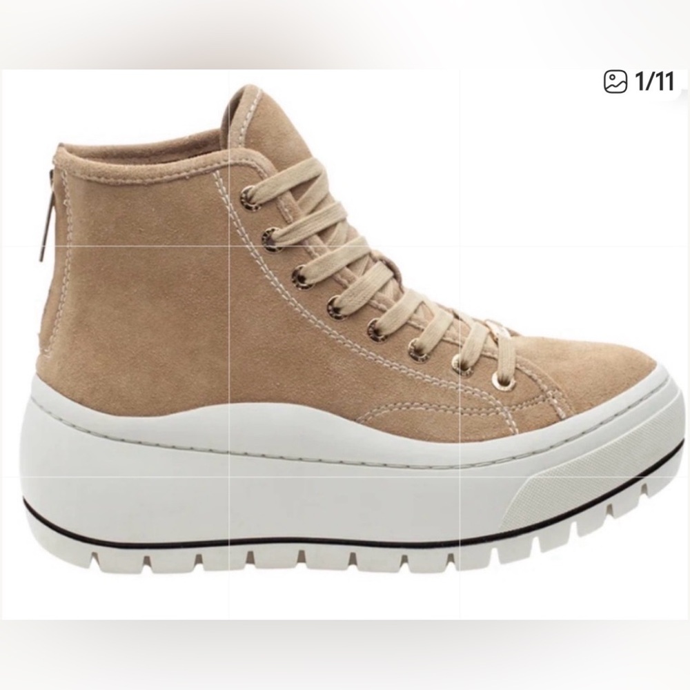 J/SLIDES Gracie Sand color suede hightop platform sneaker. Size 8